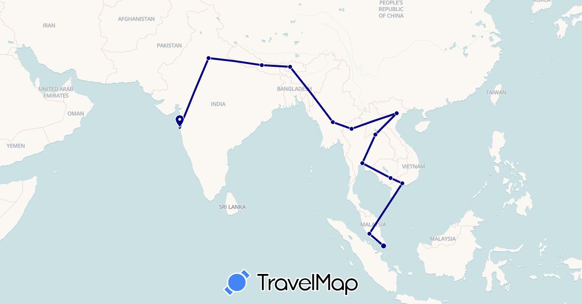 TravelMap itinerary: driving in Bhutan, India, Cambodia, Laos, Myanmar (Burma), Malaysia, Nepal, Singapore, Thailand, Vietnam (Asia)
