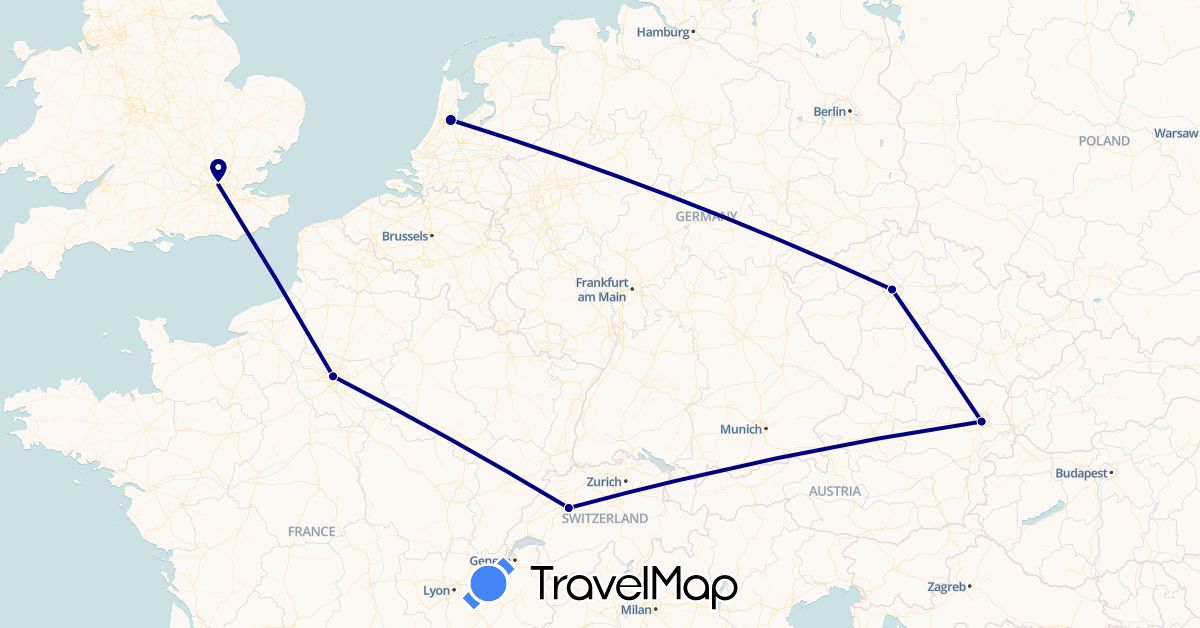 TravelMap itinerary: driving in Austria, Belgium, Czech Republic, France, United Kingdom, Netherlands (Europe)